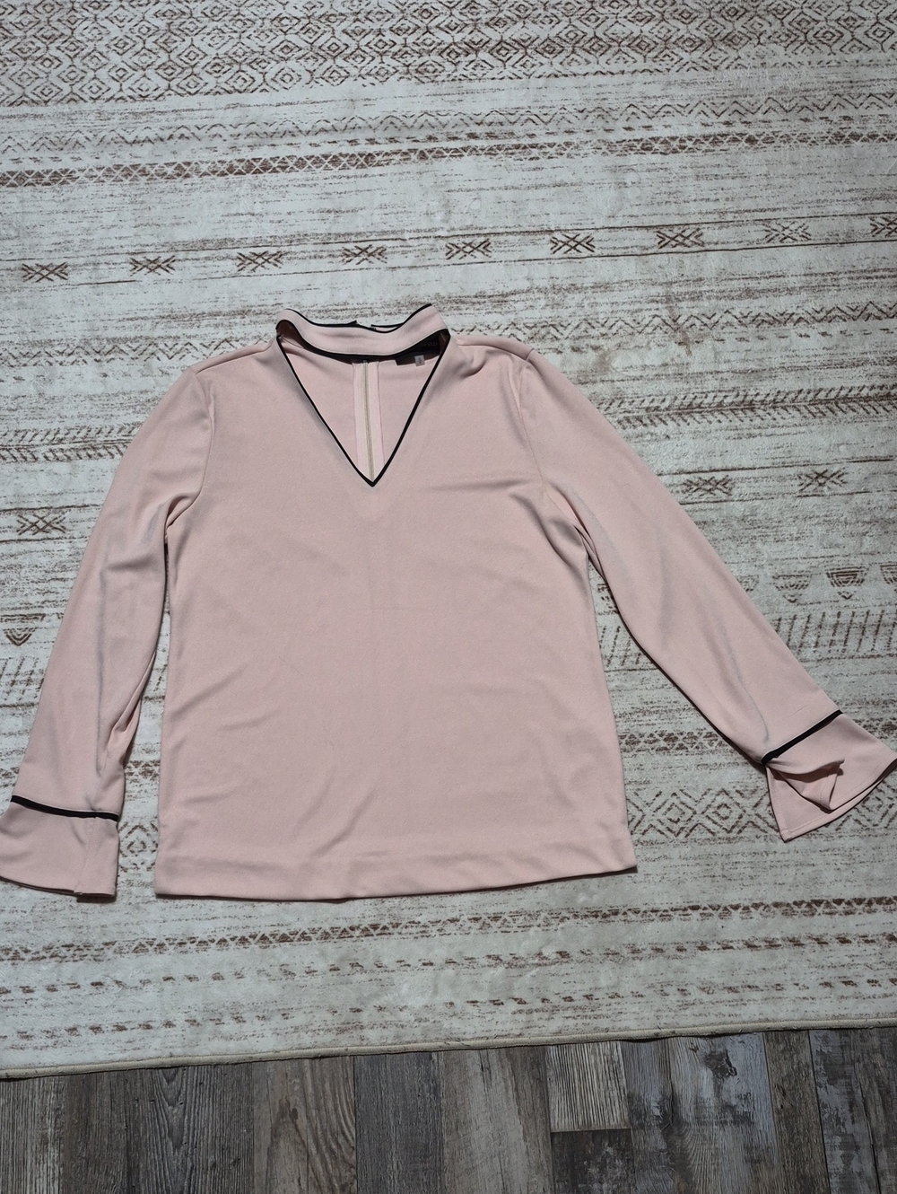 Karl Lagerfeld Light Pink V-Neck Blouse with Black Trim
